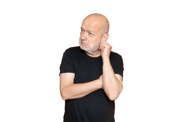 Şeffaf bir geçmişi olan, şüpheli bir yüz ifadesi olan bir adam.