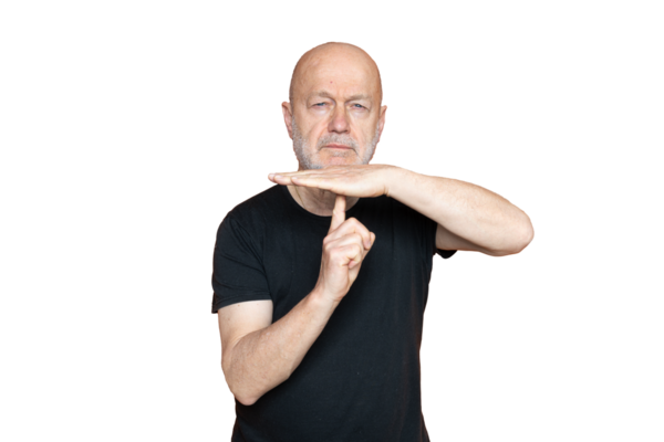 Şeffaf bir arkaplanda el hareketi yapan bir adam.