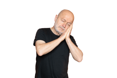 Bir adam, elleri şeffaf bir arka planda, uyku jesti yapıyor.