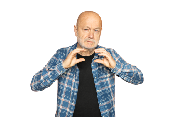 Şeffaf bir arkaplanda konuşan bir adamın jestleri