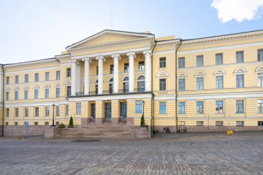 Helsinki, Finlandiya. 26 Ağustos 2025. Başbakanın şehir merkezindeki ofisinin panoramik görüntüsü