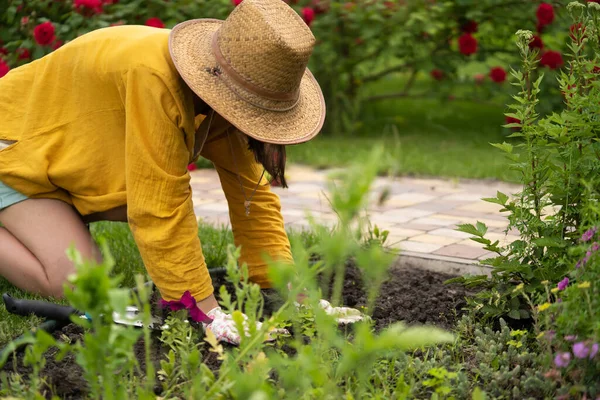 Young Girl Straw Hat Engaged Gardening Work Planting Flower Seedlings — Stock Photo, Image