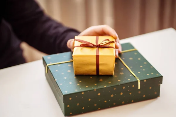Male Hands Hold Gifts Beautiful Wrapping Paper Closeup View Man — Stock Photo, Image