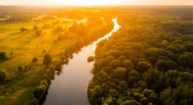 Nehirli manzara, parlak yeşil orman ve güneş ışınlarında bataklık, gün batımında vahşi doğa ve orman üzerinde uçmak, insansız hava aracının en üst görüntüsü..