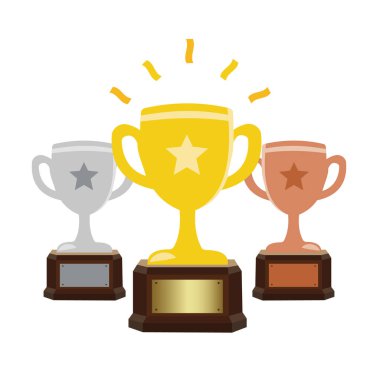 Altın, Gümüş ve Bronz Kupa Kupası. Yıldız ve defne çelenk ile Vektör Düz Trophy Simgesi