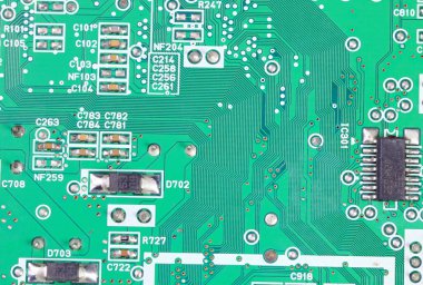 Elektronik bileşenli bilgisayar baskılı devre kartı. Devre kartı. Elektronik bilgisayar donanım teknolojisi. Teknoloji bilimi geçmişi. Entegre iletişim işlemcisi. Bilgi mühendisliği
