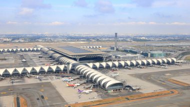 Aerial view over Suvarnabhumi Airport, View form high angle of Suvarnabhumi Airport bangkok.