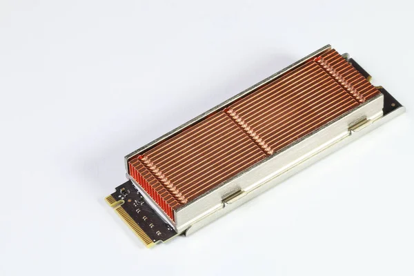 Solid state drives with copper heat sink for computer - ssd sata, NVME PCIe, SATA SSD m key, b key isolated on white background.