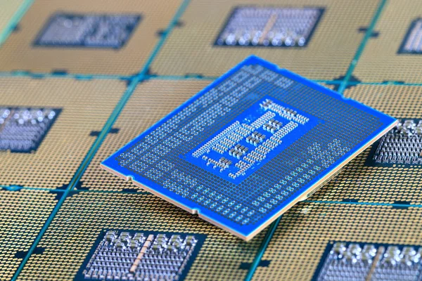 Close Central Processing Unit Cpu Microprocessor Golden Contact Facing Concept — Stock Photo, Image
