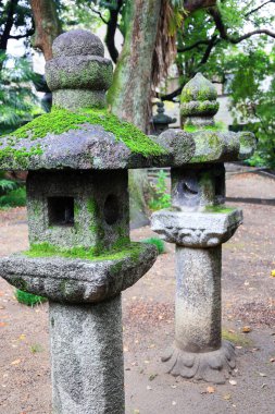 Bahçedeki Japon taş feneri, Japonya 'daki güzel sonbahar manzarası..