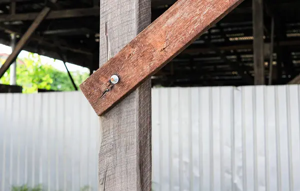 stock image Close up detail of Support beam on wood construction, Wooden roof construction. Rafters and roof beams.