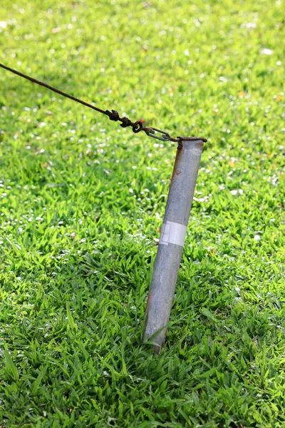 stock image Rusty metal pole or iron stake is buried in the ground and is firmly fixed to the rope. Close up photo of an iron tent peg with rope stuck into the ground at a camping site.