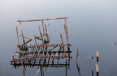 abandoned molder wooden house, Ruins of wood buildings near the shore of the lake.