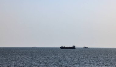 Okyanustaki gemilerin, kargo gemisinin ya da nakliye filosunun Panorama Silueti fotoğrafı..