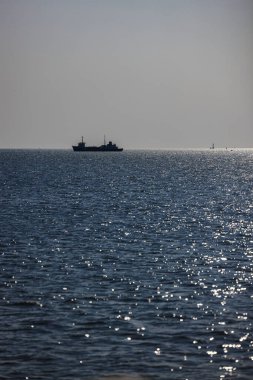 Okyanustaki gemilerin, kargo gemisinin ya da nakliye filosunun Panorama Silueti fotoğrafı..