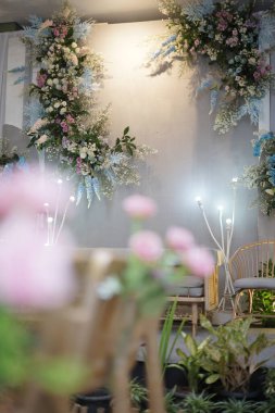 Beautiful Wedding Decoration with Flowers, Leaves and Lamps