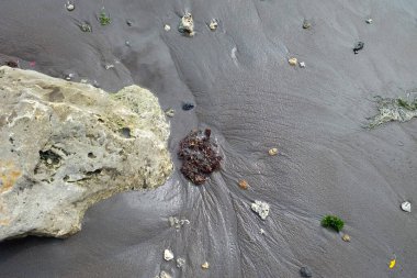 Sahildeki kayalar. Siyah kum arka planı. Siyah kum dokusu