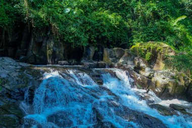Su, ormanın ortasındaki kayaların arasından akar. Küçük şelale. Doğa hakkında manzara.