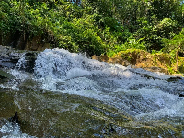 Su, ormanın ortasındaki kayaların arasından akar. Küçük şelale. Gianyar, Bali 'de gizli bir yer