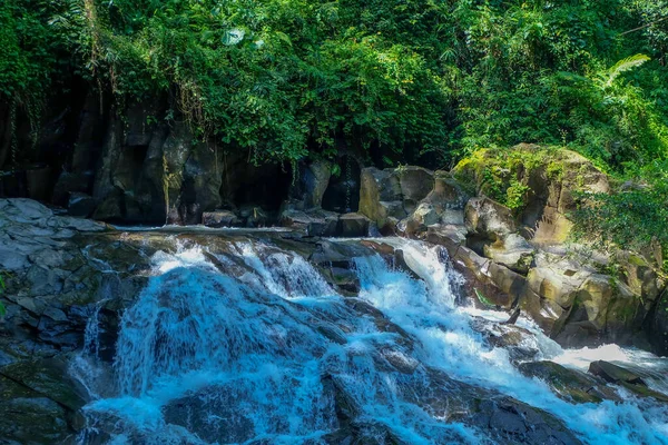 Su, ormanın ortasındaki kayaların arasından akar. Küçük şelale. Doğa hakkında manzara.