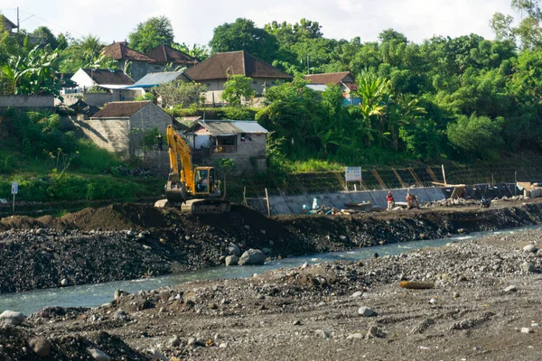 Pile Sable Roches Dans Zone Construction Excavatrice Travail Transportant Des — Photo