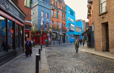 Dublin, Ireland - 01.27.2023: The Pub landmark in Dublin's cultural quarter visited by thousands of tourists every year. People around The pub.