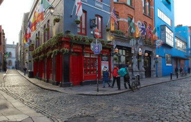 Dublin, Ireland - 01.27.2023: The Pub landmark in Dublin's cultural quarter visited by thousands of tourists every year. People around The pub.