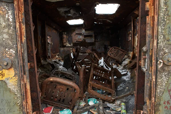 Coche Civil Disparado Por Soldados Rusos Guerra Ucrania Destruido Tanque — Foto de Stock