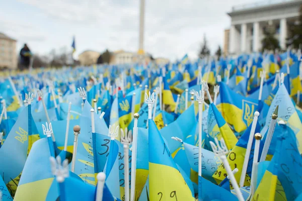 Bandeiras Dos Caídos Muitas Bandeiras Nacionais Ucrânia Com Nomes Soldados Imagem De Stock