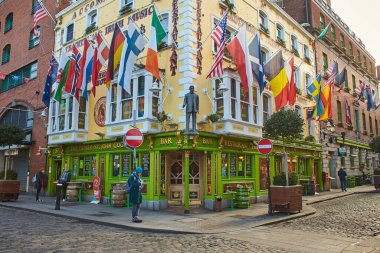 Dublin, Ireland - 01.27.2023: The Pub landmark in Dublin's cultural quarter visited by thousands of tourists every year. People around The pub.