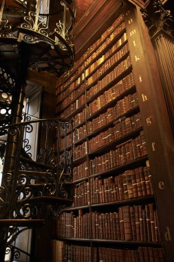 Dublin, İrlanda - 01.02.2024: Eski kitaplar Kells Kitabı 'nda ve İrlanda' nın Dublin kentindeki Trinity College Dublin 'deki Eski Kütüphane turunda kendilerini gösterirler