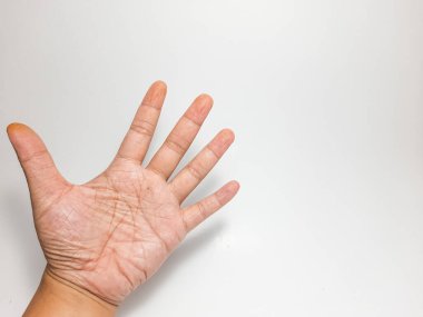 Kadın eli beyaz izole arkaplanda kopya alanı ile