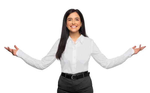 Business Woman Hands Facing Palms Promo Choices Entire Space Empty — Foto Stock