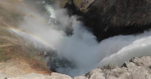 Majestic Waterfall View Carving River Yellowstone Canyon Rainbow — Stock Video