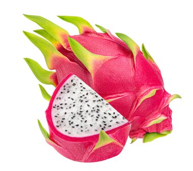 Ejderha meyvesi, beyaz arka planda izole edilmiş pitaya kesme yolu, tam derinlik