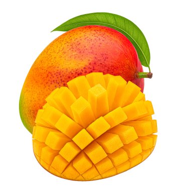 Kesme yolu ile beyaz arkaplanda izole edilmiş mango meyvesi, tam derinlik alan