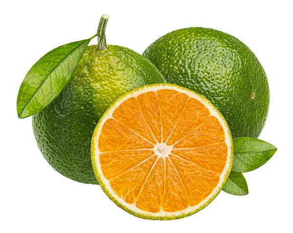 Zelená Mandarinka Oranžovým Řezem Izolovaná Bílém Pozadí Oříznutou Dráhou Plná — Stock fotografie
