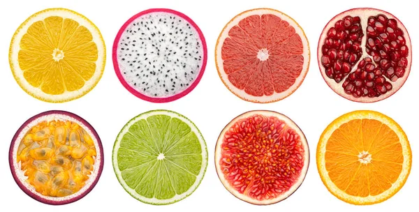 Kolekcja Plasterków Owocowych Izolowanych Białym Tle Pomarańczowy Marakuja Smoczy Owoc — Zdjęcie stockowe