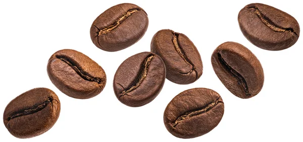 Fallende Kaffeebohnen Isoliert Auf Weißem Hintergrund Volle Schärfentiefe — Stockfoto