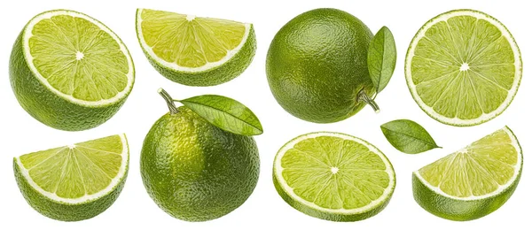 Πράσινα Εσπεριδοειδή Lime Που Απομονώνονται Λευκό Φόντο Μονοπάτι Αποκοπής Συλλογή — Φωτογραφία Αρχείου