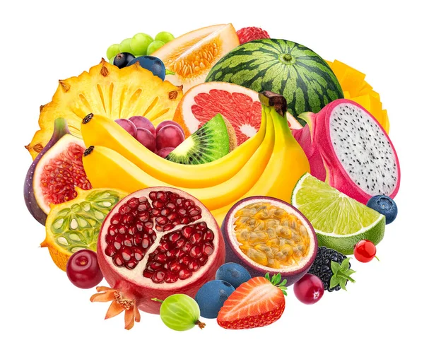 果実と果実のコレクションは 白い背景 トップビュー 夏の熱帯食品で作られたパッケージ要素 健康的で食事のライフスタイルの概念に隔離されています — ストック写真