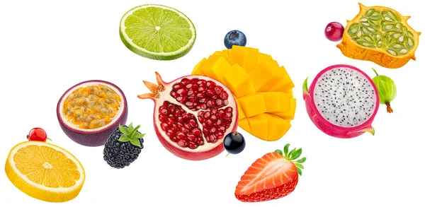 Fallande Exotiska Frukt Skivor Och Bär Samling Isolerad Vit Bakgrund — Stockfoto
