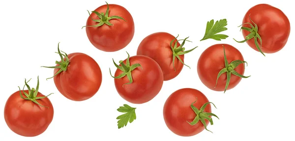 Falling Cherry Tomatoes Isolated White Background Clipping Path — Stock Photo, Image