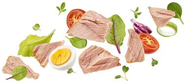 Düşen ton balığı salatası malzemeleri kırpma yolu ile beyaz arkaplanda izole ediliyor