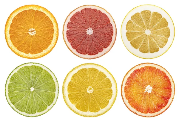 クリッピングパス オレンジ レモン ライム グレープフルーツ トップビューで白い背景に隔離された柑橘類のスライスコレクション — ストック写真