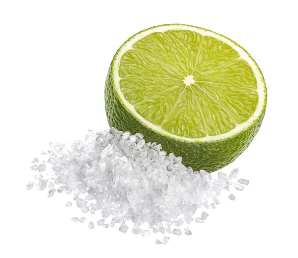 Lime slice with salt, classic margarita cocktail ingredients isolated on white background with clipping path