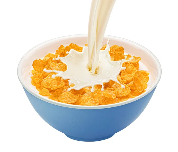 Cornflakes Frühstück Mit Milchspritzer Isoliert Auf Weißem Hintergrund Volle Schärfentiefe — Stockfoto