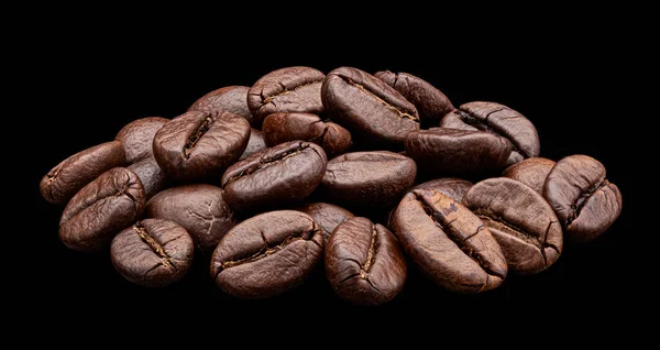 Geröstete Kaffeebohnen Isoliert Auf Schwarzem Hintergrund Volle Schärfentiefe — Stockfoto