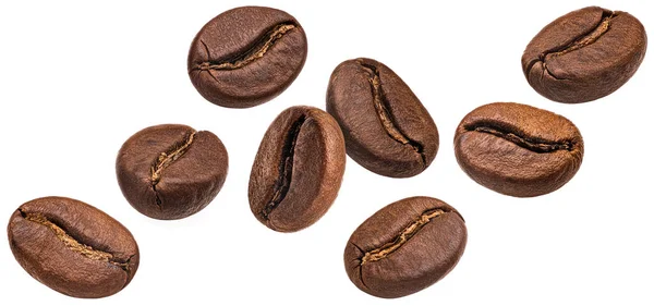 Fallende Kaffeebohnen Isoliert Auf Weißem Hintergrund Volle Schärfentiefe — Stockfoto