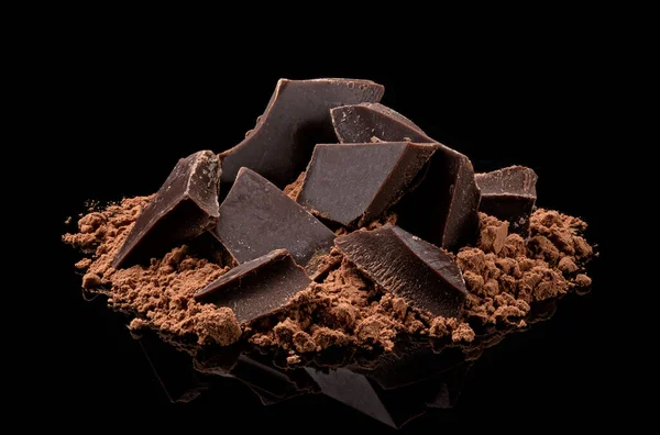 Pile Cocoa Powder Chocolate Pieces Isolated Black Background Full Depth — Stock Photo, Image